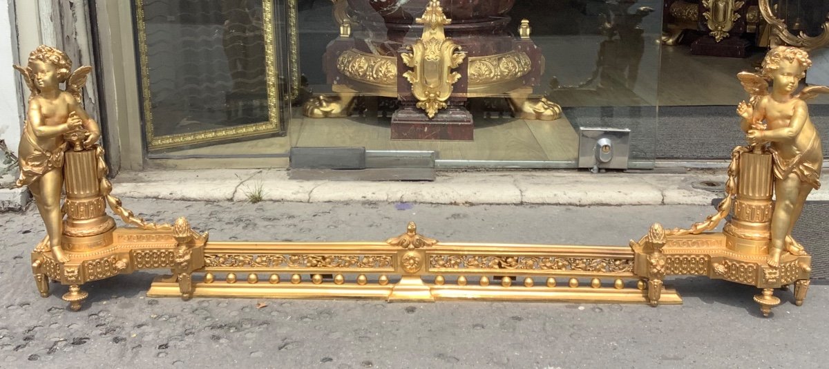 Pair Of Andirons In Gilt Bronze And Its Central Bar 19 Eme Century
