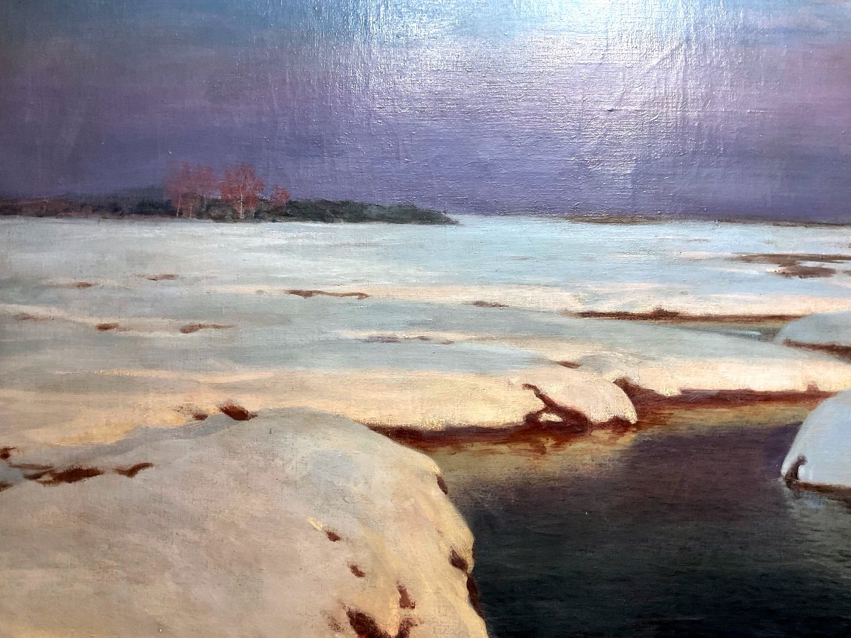 Painting By Jan Grubinski (1874-1945) Riverbank Under The Snow-photo-2