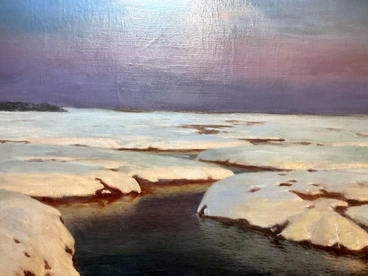 Painting By Jan Grubinski (1874-1945) Riverbank Under The Snow-photo-1
