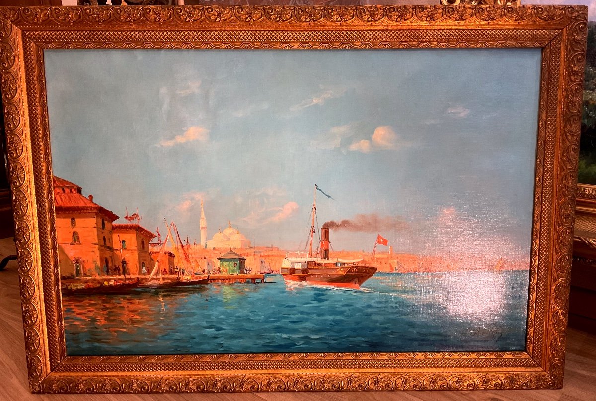Painting By Paul Savigny (1858-1916) “departure Of A Turkish Boat On The Bosphorus”