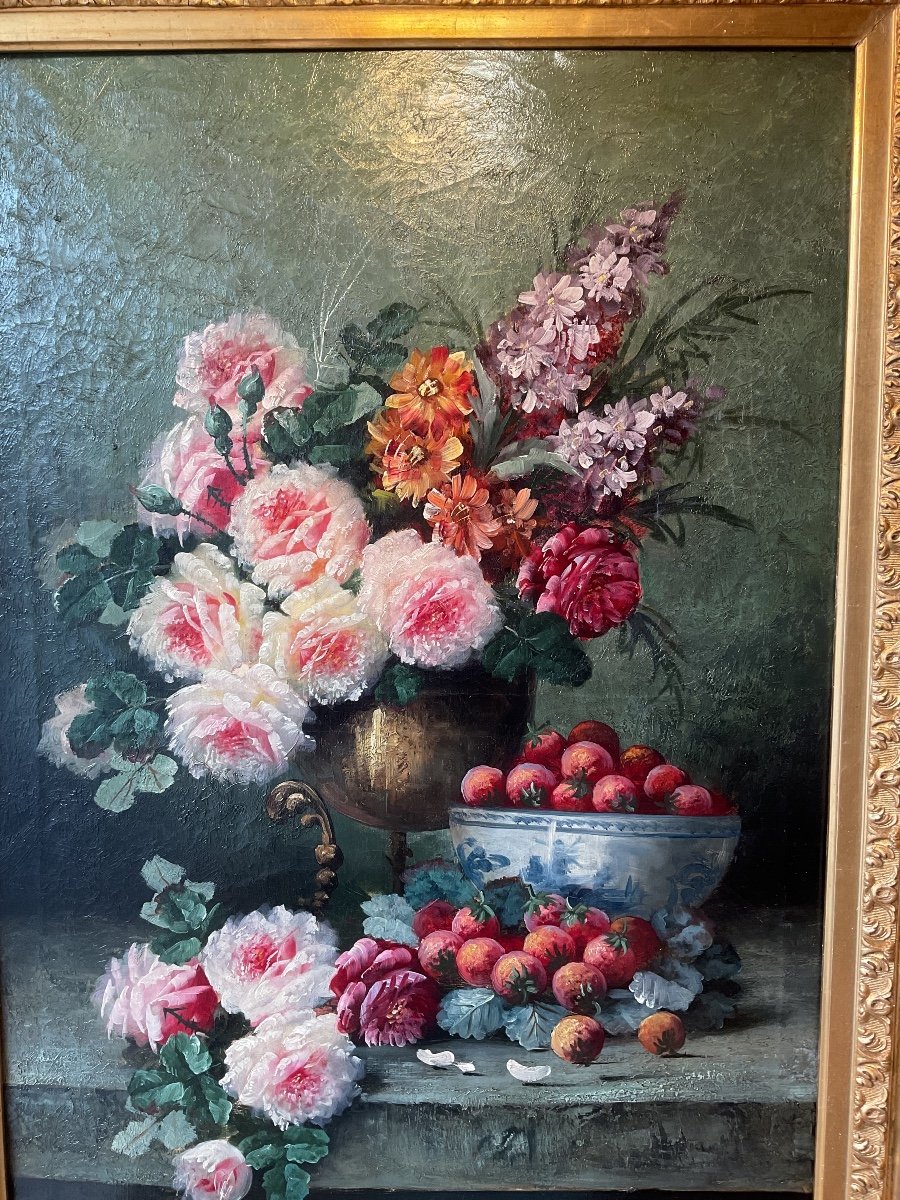 Painting By Max Carlier (1872-1938) Bouquet Of Flowers And Fruits On An Entablature, 19th -photo-2
