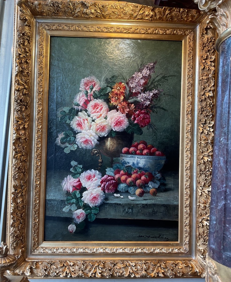 Painting By Max Carlier (1872-1938) Bouquet Of Flowers And Fruits On An Entablature, 19th 