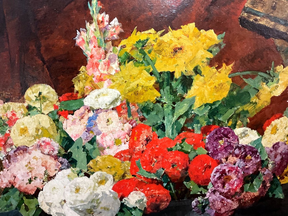 Peinture Par Georges JEANNIN (1841-1925) «  Fleurs Sur Un Entablement « -photo-2