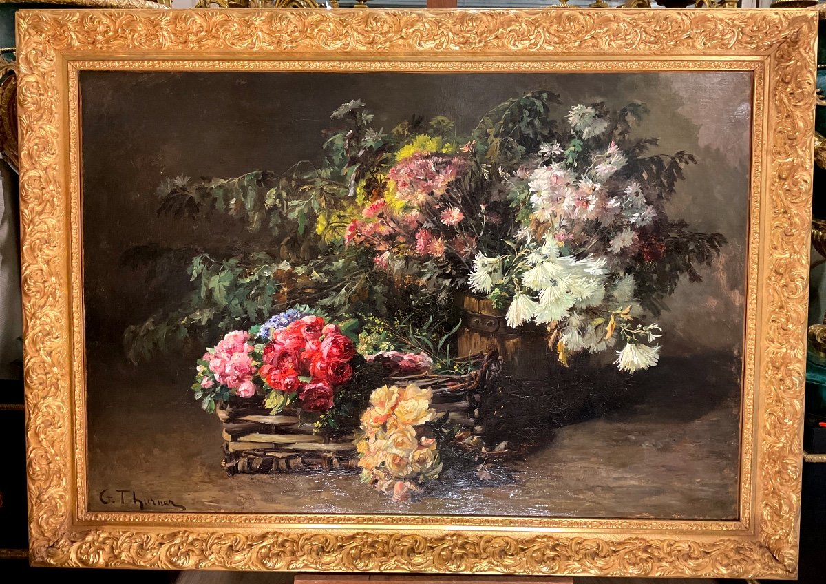 Peinture par Gabriel Édouard THURNER (1840-1907) jetée de fleurs 