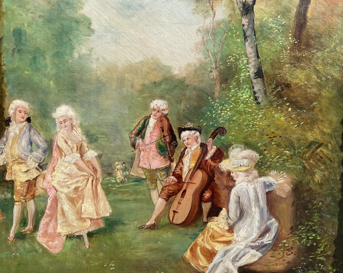 Peinture Par Théodore Levigne (1848-1912) «  La Danse Galante Au Parc « -photo-2