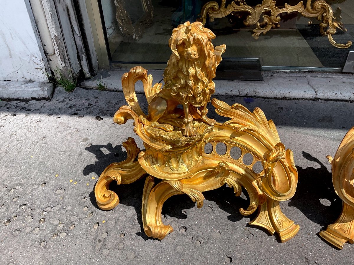 Paire De Chenets Style Louis XV En Bronze Doré époque Napoleon III-photo-2