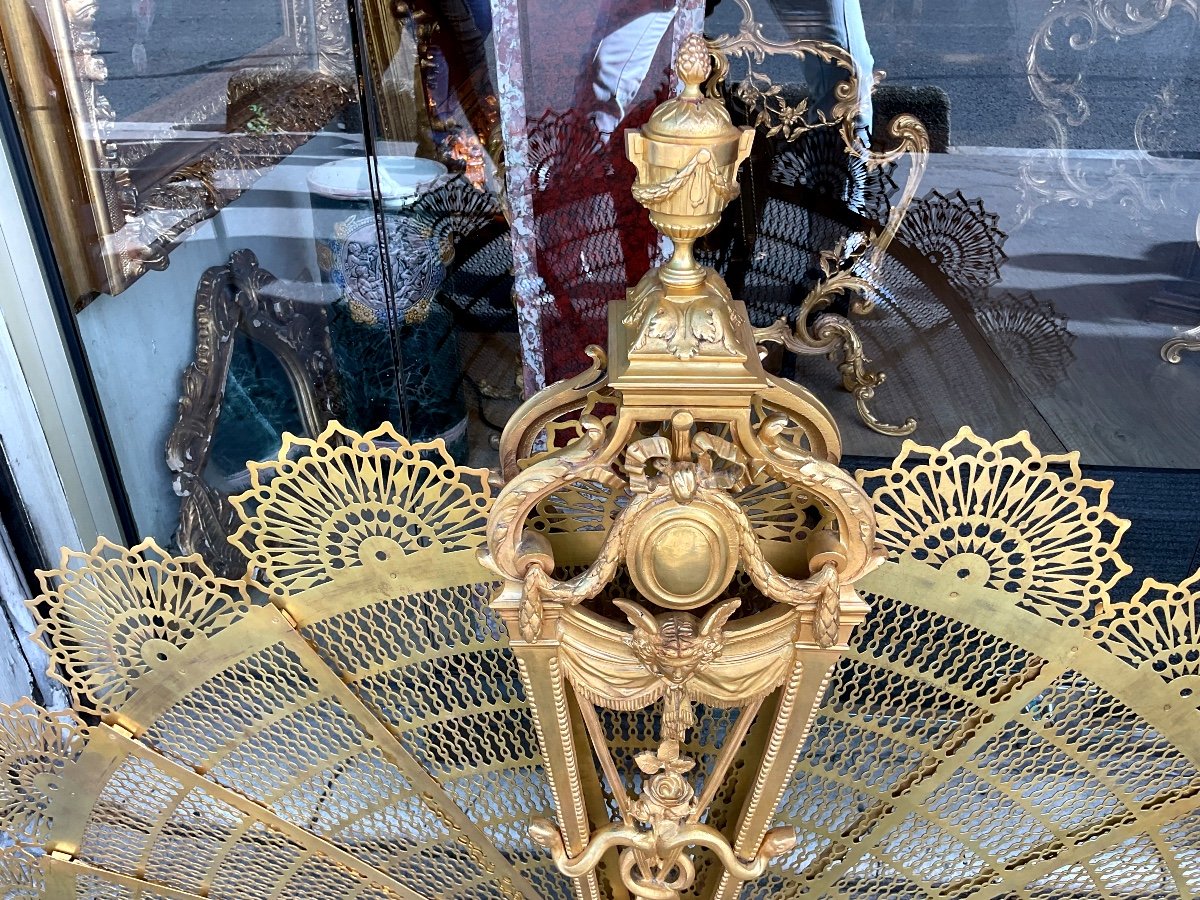 Louis XVI Style Fire Screen Fan Napoleon III Period Gilt Bronze -photo-2
