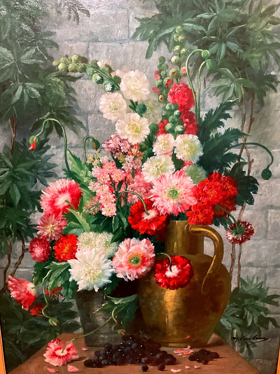 Tableau Par Max Carlier (1872-1938) « bouquet De Fleurs Et Fruits « -photo-2