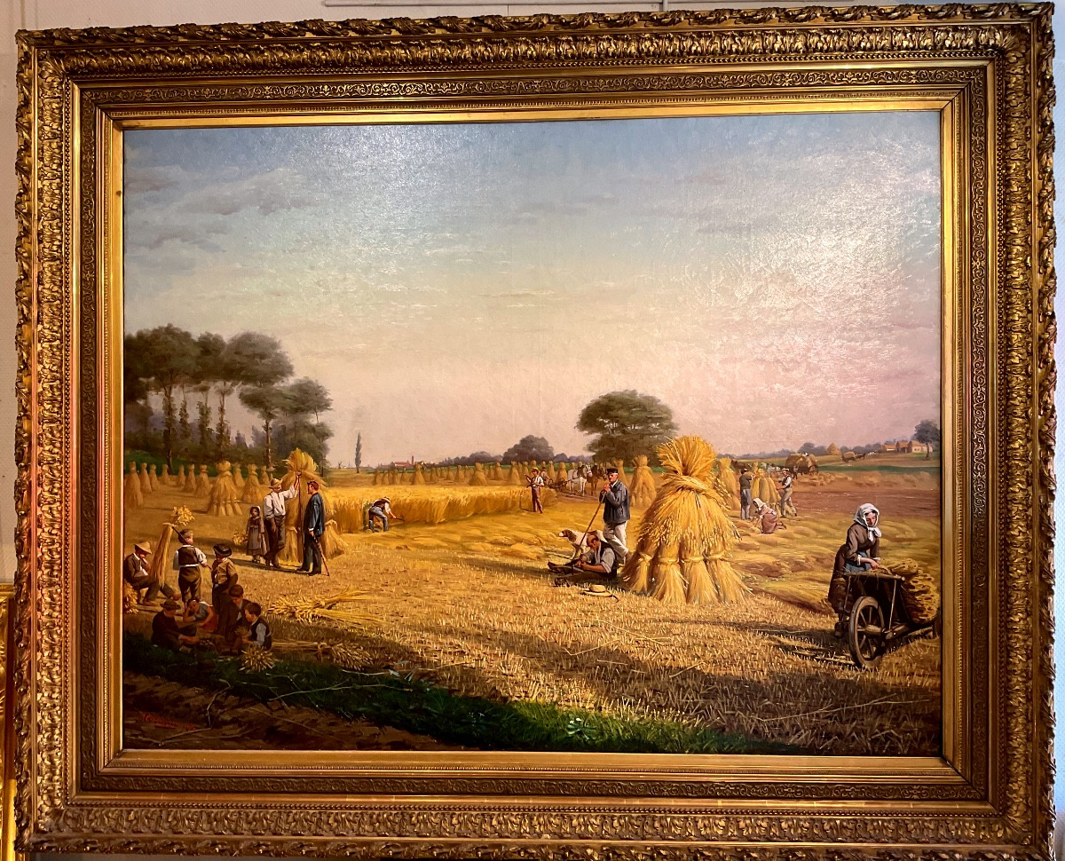 Painting By Auguste Moreau-deschanvres (1838-1913) "the Wheat Harvest" Signed And Dated 1879