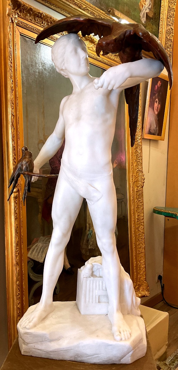 Marble “the Model With Birds” By Dominique Bianchi (1864-1912)