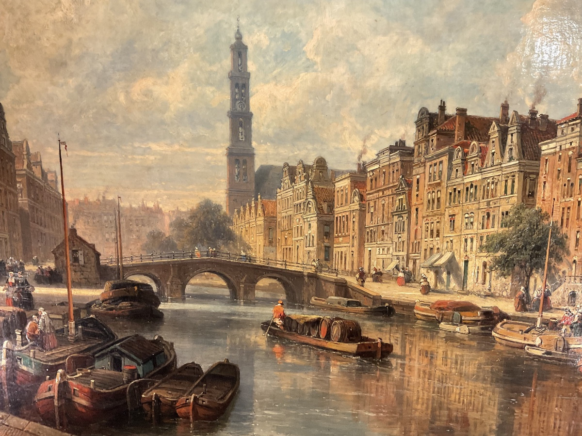19th Century Painting By Pierre Justin Ouvrié (1806-1879) “view Of Amsterdam” -photo-1
