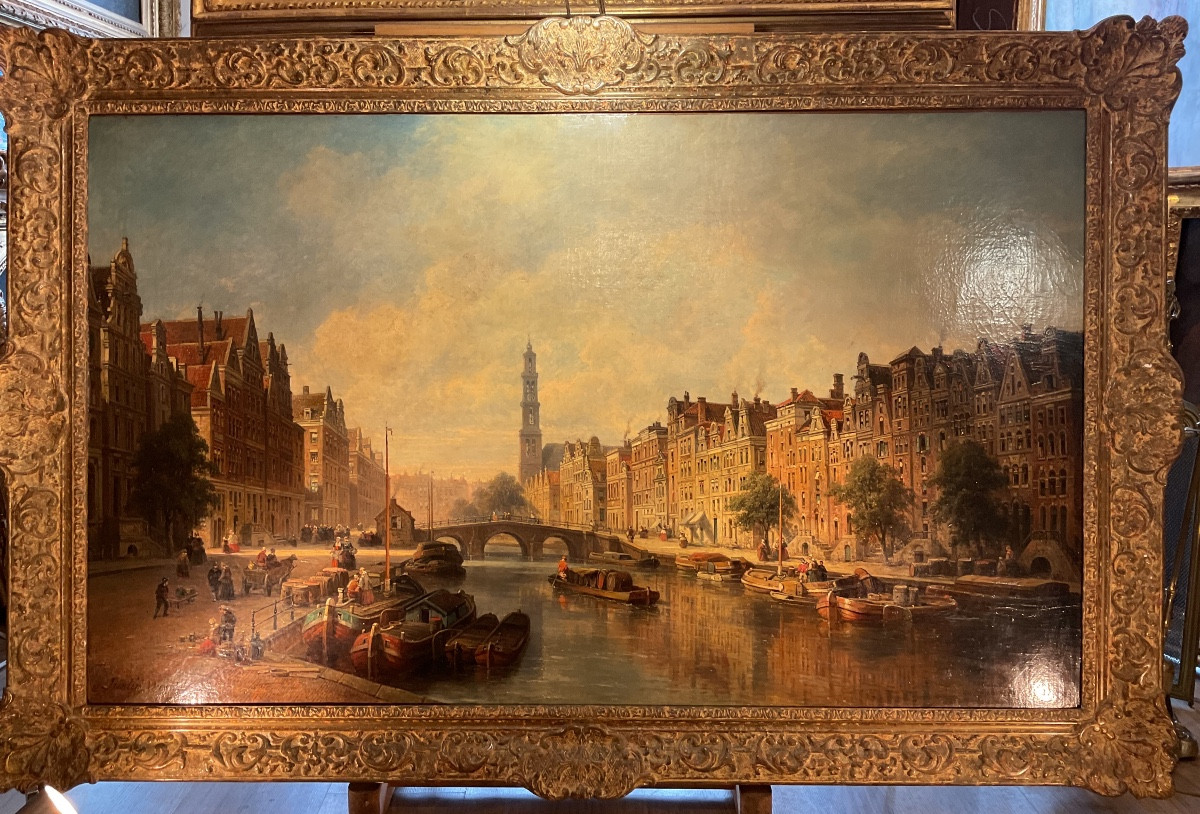 19th Century Painting By Pierre Justin Ouvrié (1806-1879) “view Of Amsterdam” 
