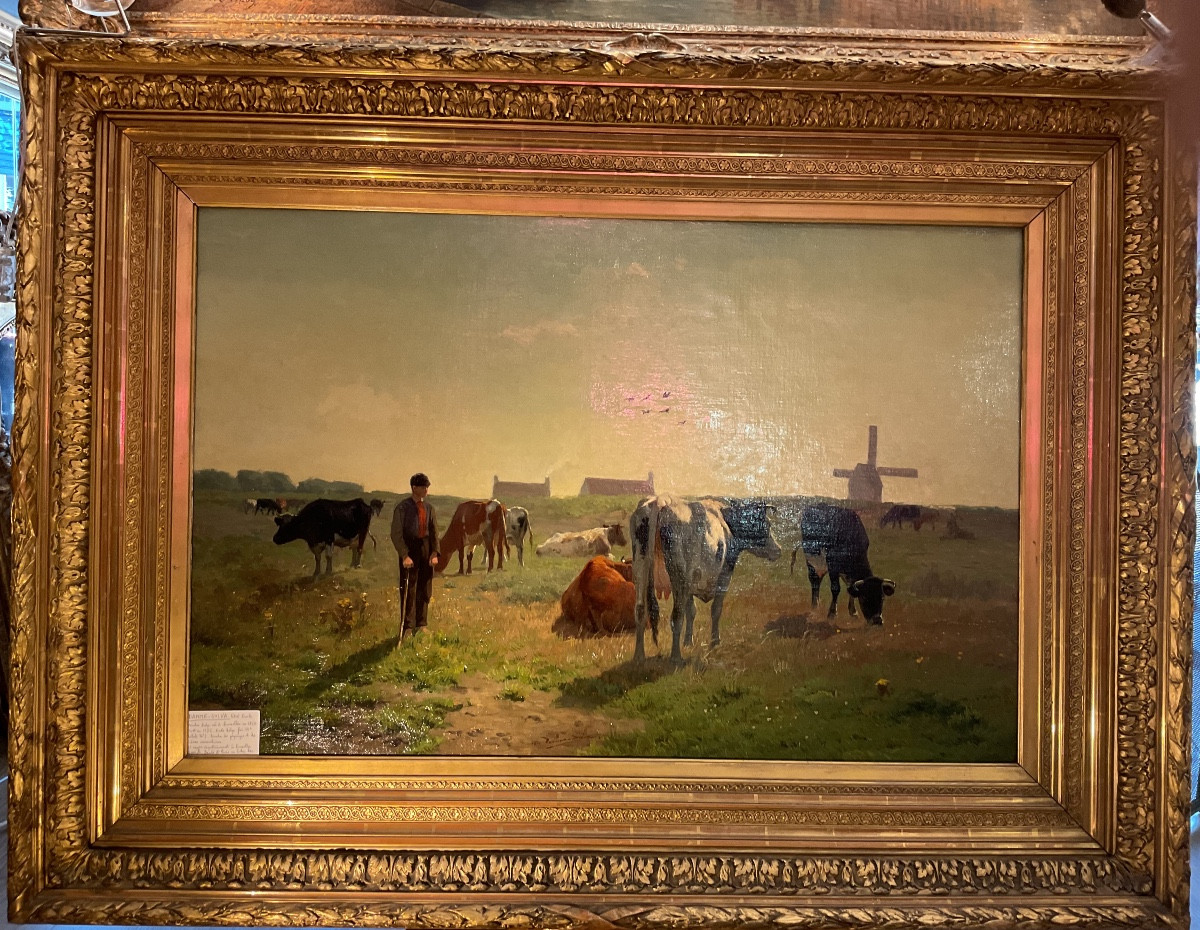 Tableau par Émile Van damme Silva «  vaches au pré » 19 eme 