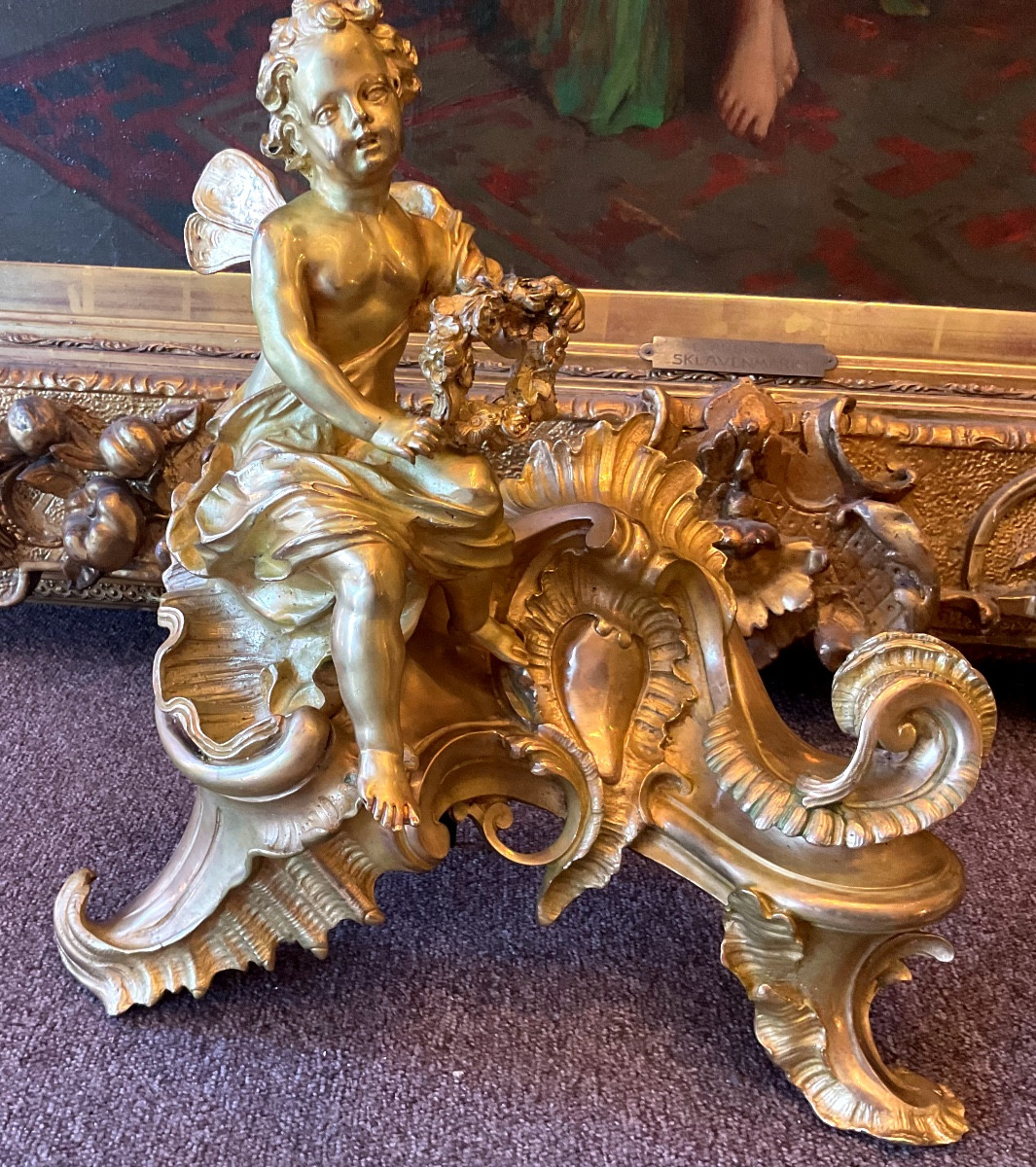 Paire de grands Chenets style Louis XV bronze doré 19 eme siecle-photo-2