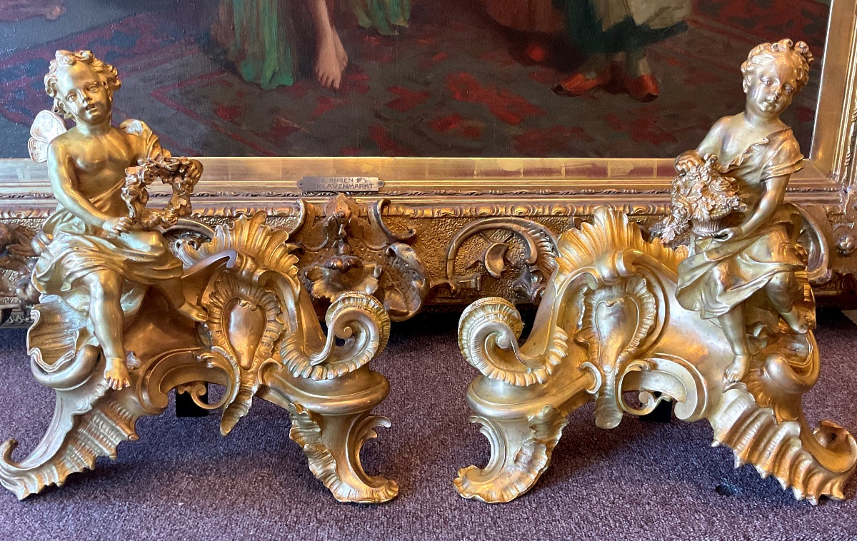 Paire de grands Chenets style Louis XV bronze doré 19 eme siecle