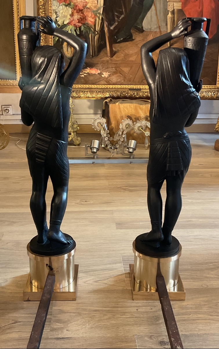 Grande paire de chenets aux nubiens époque Napoléon III en bronze -photo-4