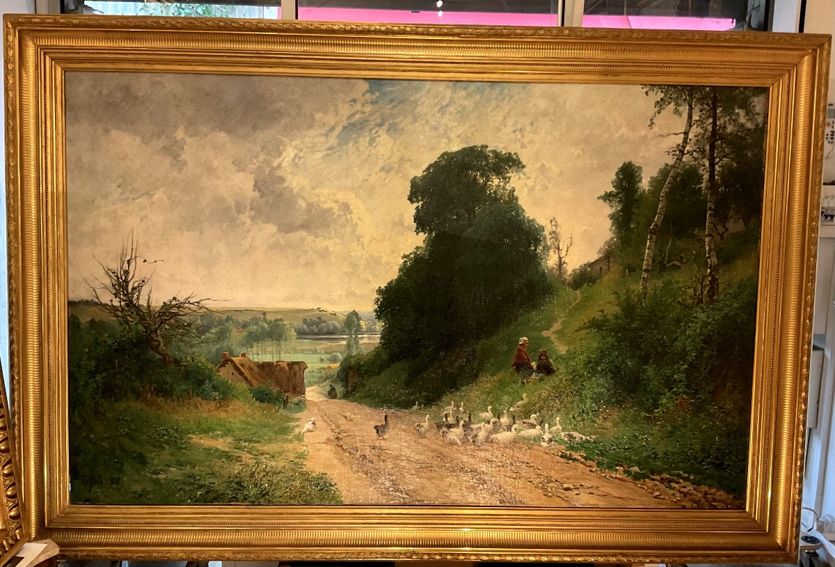 Tableau par Édouard PAIL (1851-1916) «  les oies au matin »