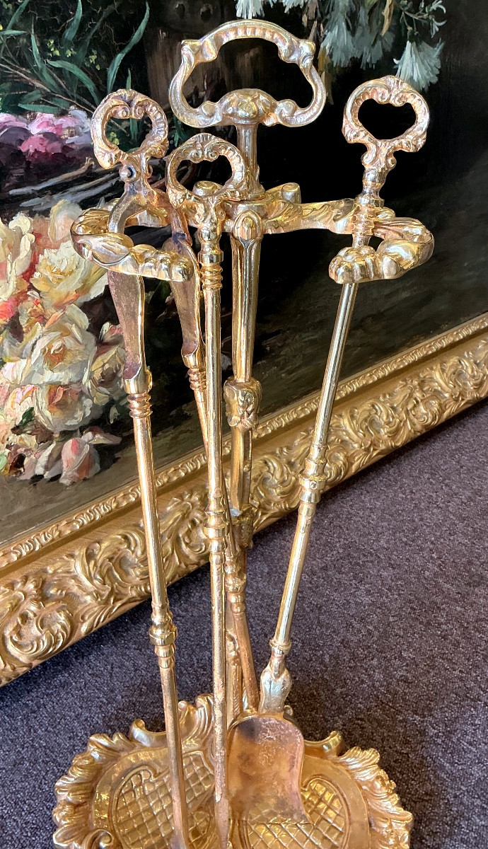 Louis XV Style Fireplace Set, Late 19th Century, In Gilt Bronze-photo-2