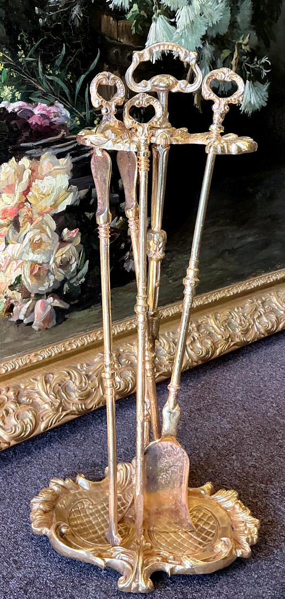 Louis XV Style Fireplace Set, Late 19th Century, In Gilt Bronze