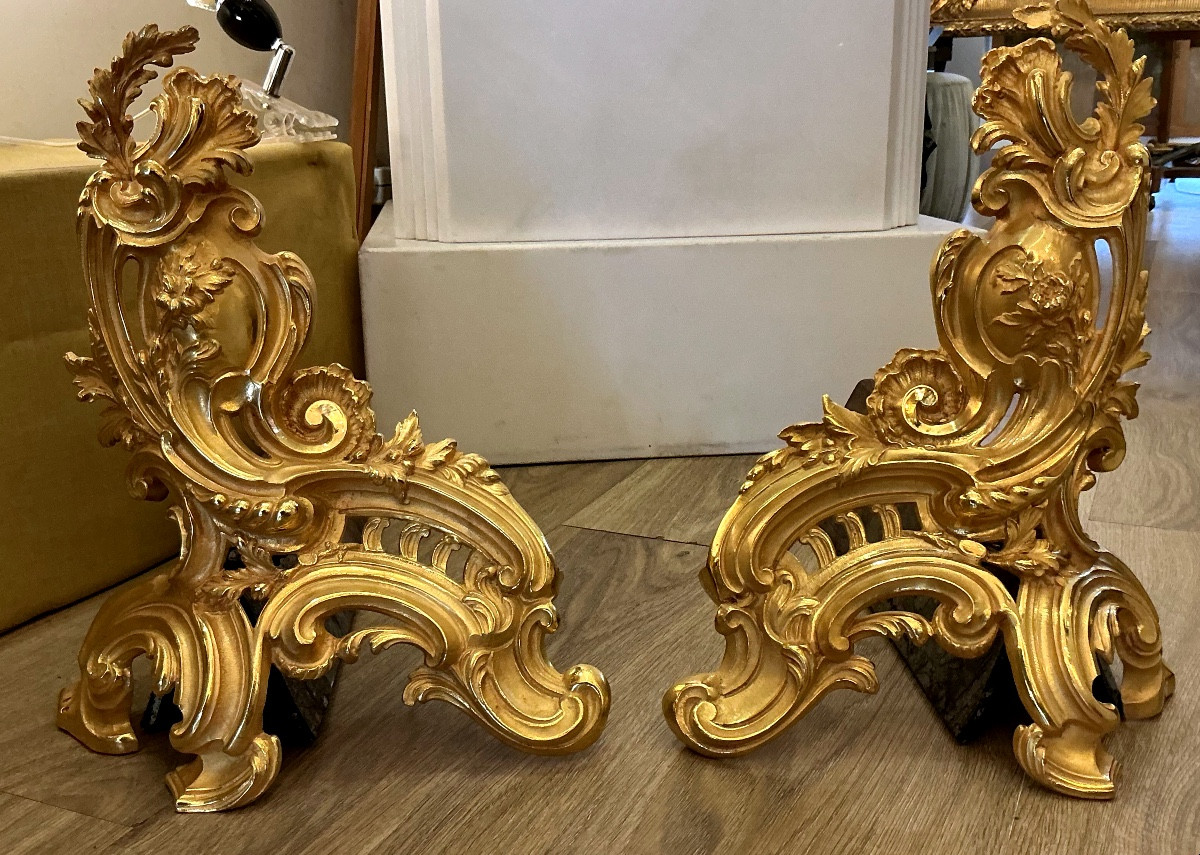 Chenets de cheminée décoratif  de style Louis XV en bronze doré