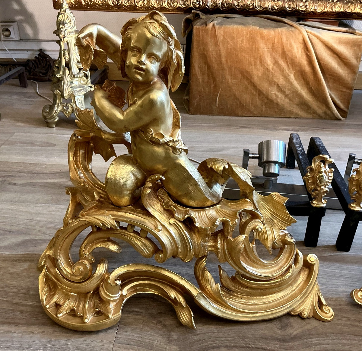 Large Louis XV Style Andirons 19th Century Gilt Bronze-photo-2