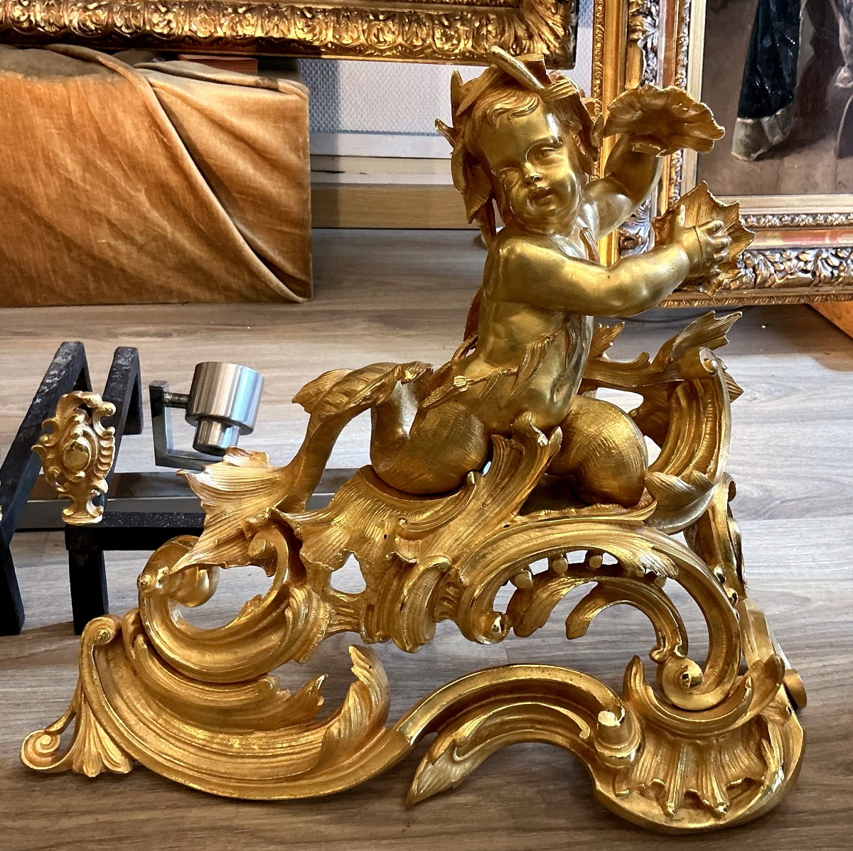 Large Louis XV Style Andirons 19th Century Gilt Bronze-photo-3