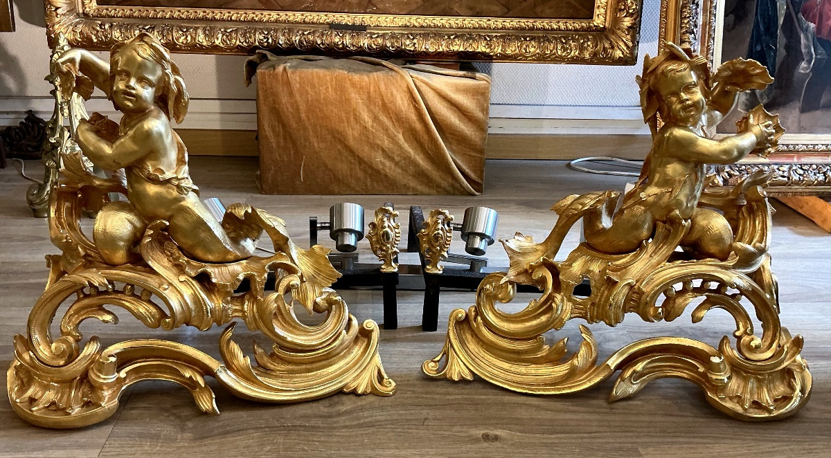 Large Louis XV Style Andirons 19th Century Gilt Bronze