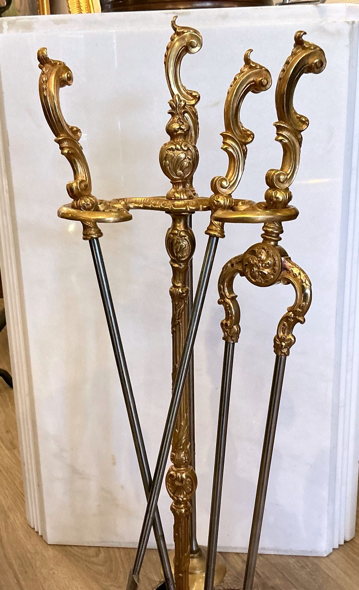 Nécessaire de cheminée style Louis XV bronze doré époque 19 eme siècle -photo-3