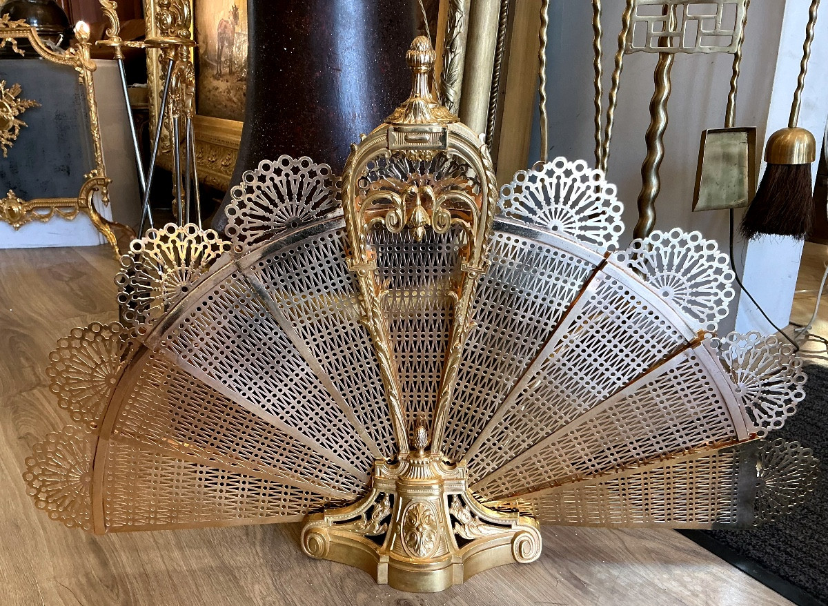 Pare feu écran de cheminée éventail style Louis XVI fin 19 eme siècle bronze-photo-2