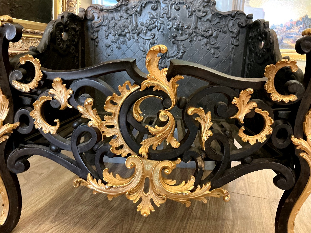 Large Louis XV Style Gilt Bronze And Cast Iron Andirons 19 Th Century-photo-2