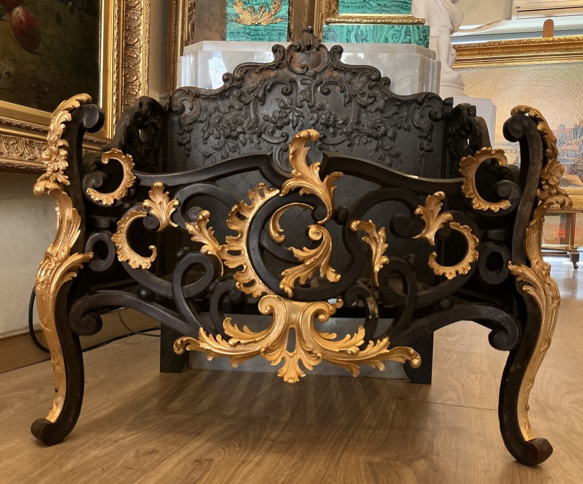 Large Louis XV Style Gilt Bronze And Cast Iron Andirons 19 Th Century