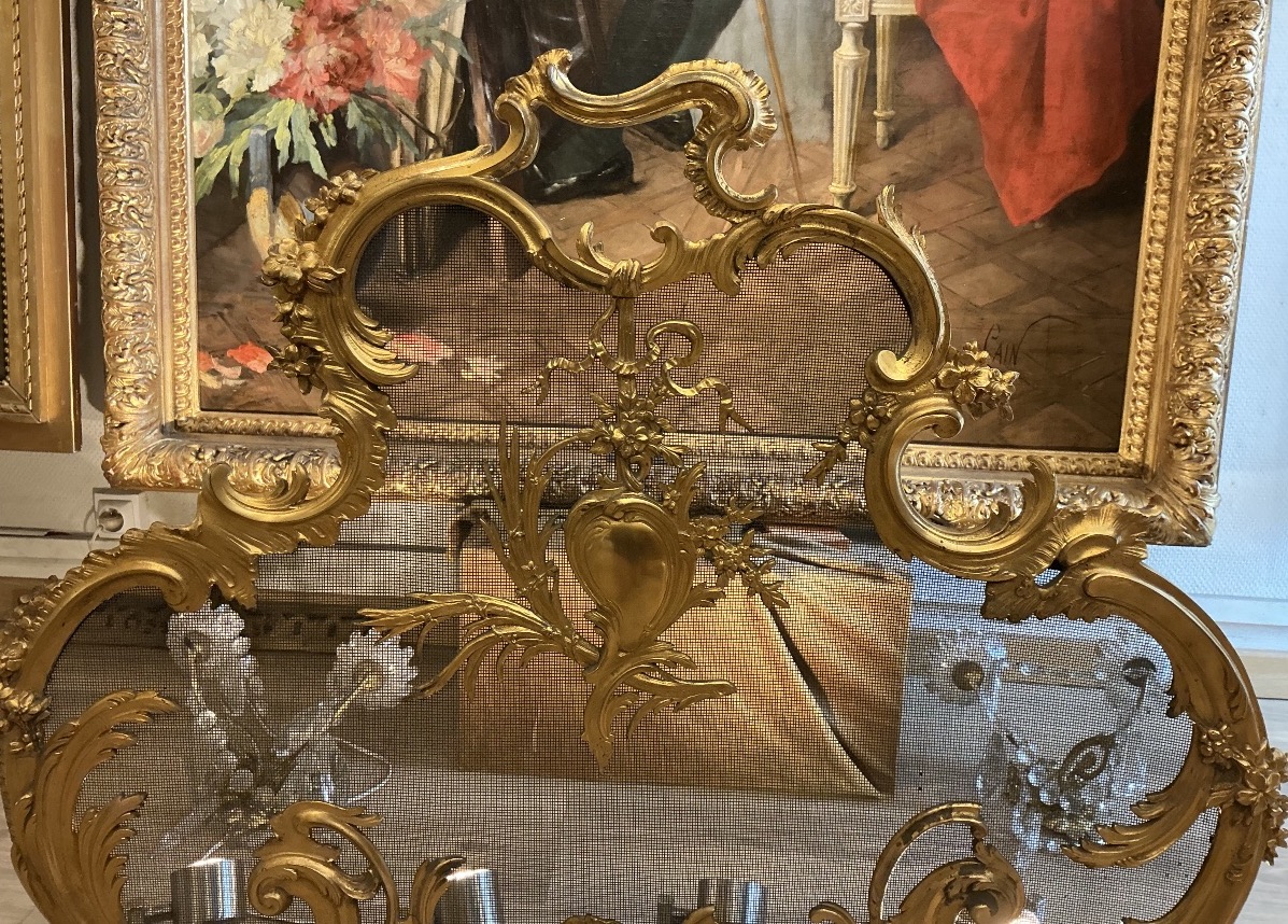 Grand pare feu écran de cheminée 19 eme siècle style Louis XV bronze doré -photo-2