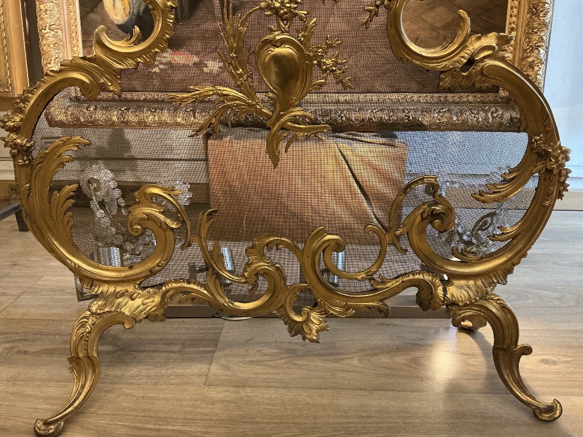 Grand pare feu écran de cheminée 19 eme siècle style Louis XV bronze doré -photo-3