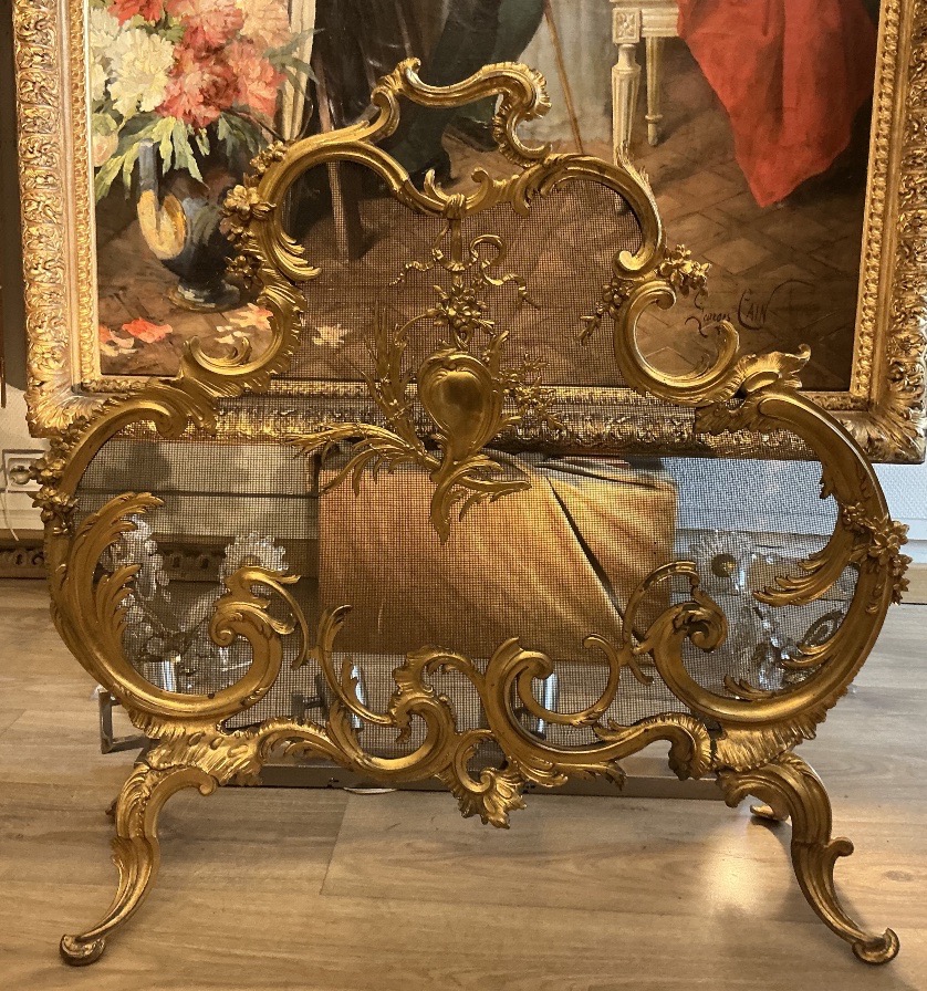 Grand pare feu écran de cheminée 19 eme siècle style Louis XV bronze doré 