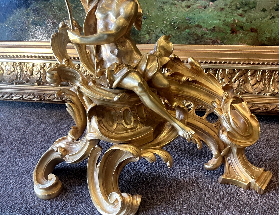 Paire de chenets à Neptune  bronze doré  signé G.VIARDOT style Louis XV époque Napoléon III -photo-2
