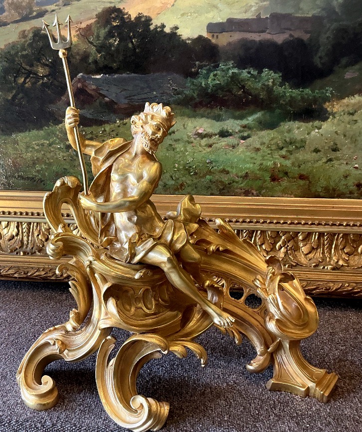 Paire de chenets à Neptune  bronze doré  signé G.VIARDOT style Louis XV époque Napoléon III -photo-3