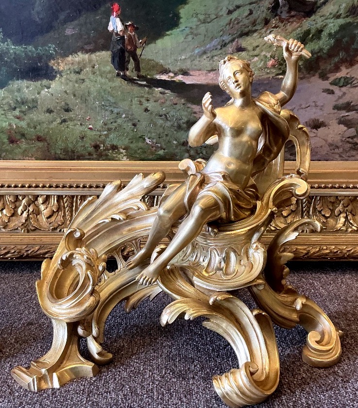 Paire de chenets à Neptune  bronze doré  signé G.VIARDOT style Louis XV époque Napoléon III -photo-4