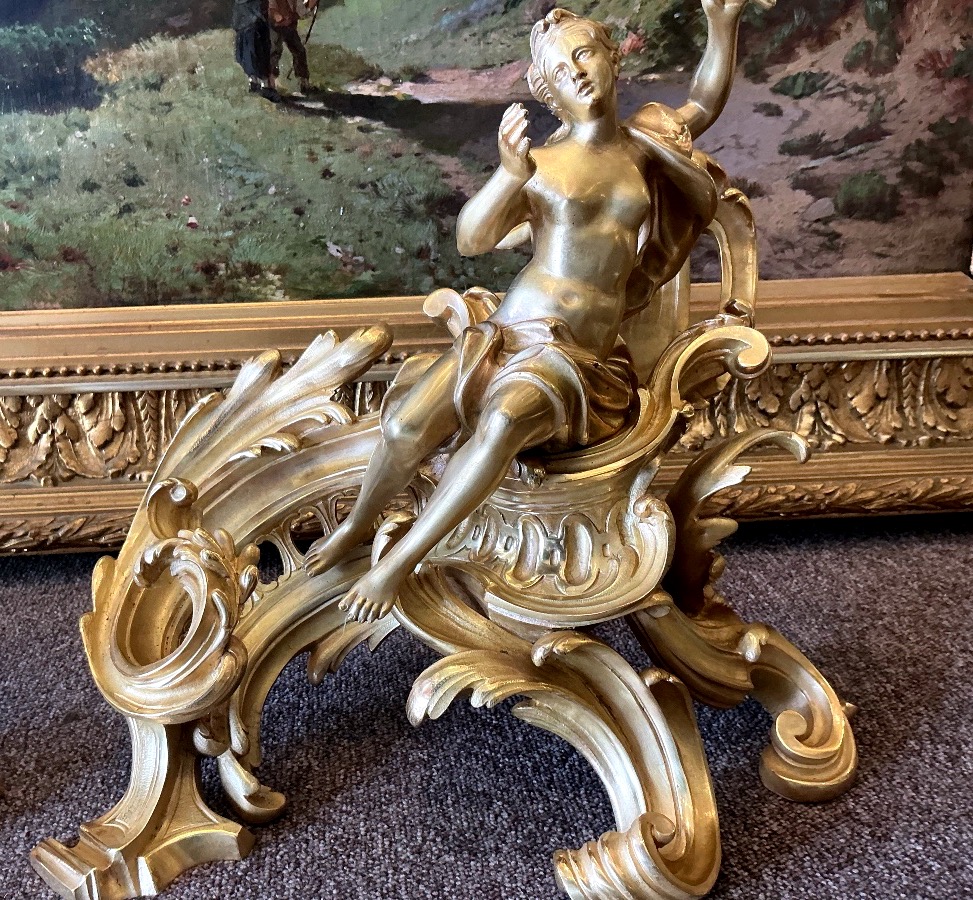Paire de chenets à Neptune  bronze doré  signé G.VIARDOT style Louis XV époque Napoléon III -photo-1