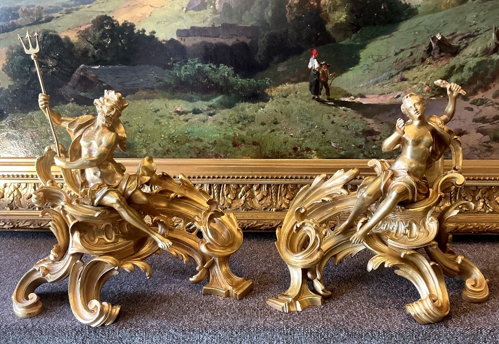 Paire de chenets à Neptune  bronze doré  signé G.VIARDOT style Louis XV époque Napoléon III 