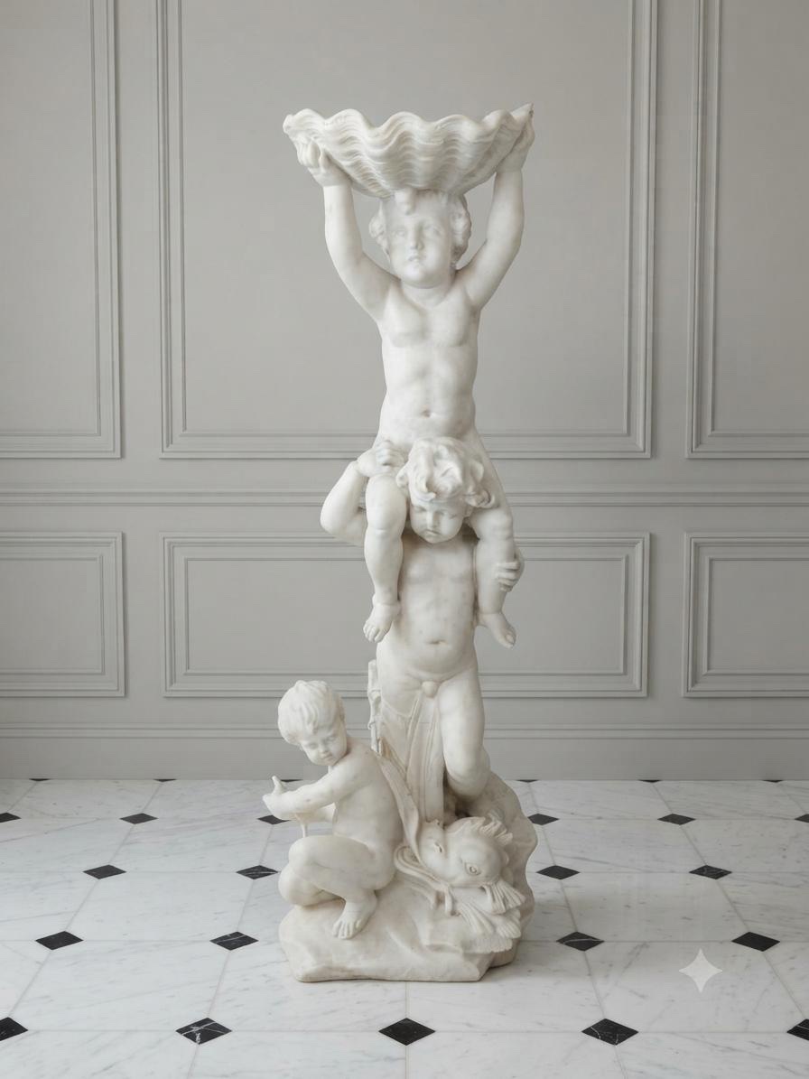 Large Allegorical Sculpture Depicting Three Cherubs, Made Of Marble, 19th Century-photo-3