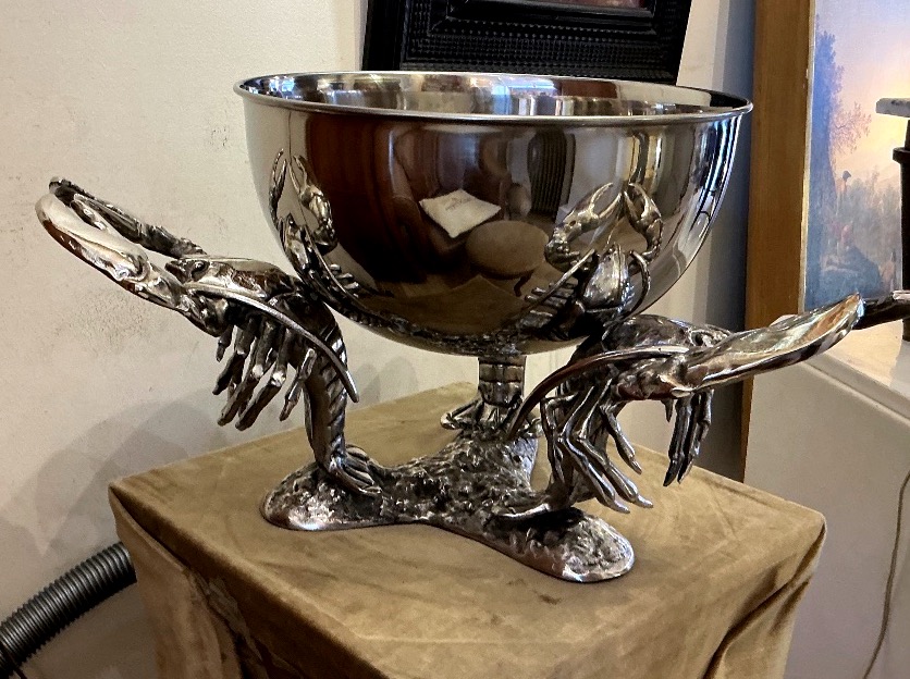 Large Art Deco Silver-plated Metal Champagne Vase With Lobsters -photo-2