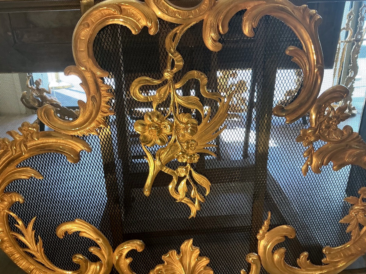 Écran pare feu de cheminée époque 19 eme siècle style Louis XV bronze doré -photo-2
