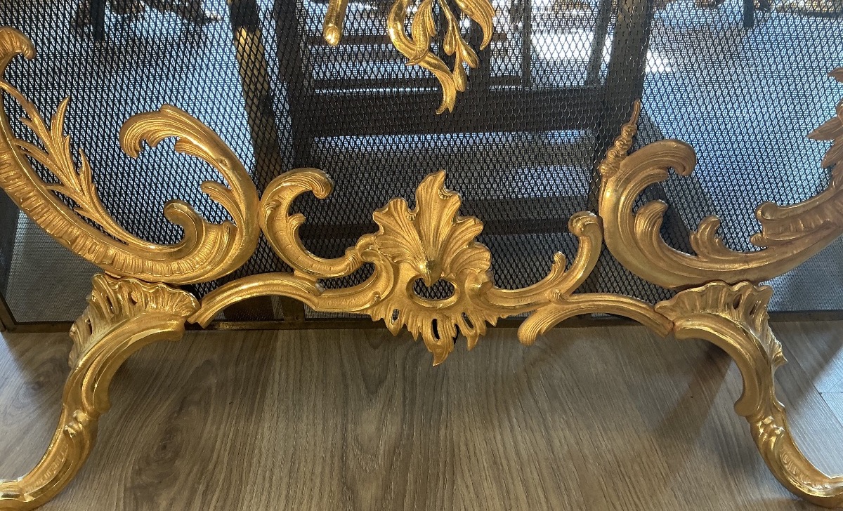 Écran pare feu de cheminée époque 19 eme siècle style Louis XV bronze doré -photo-3