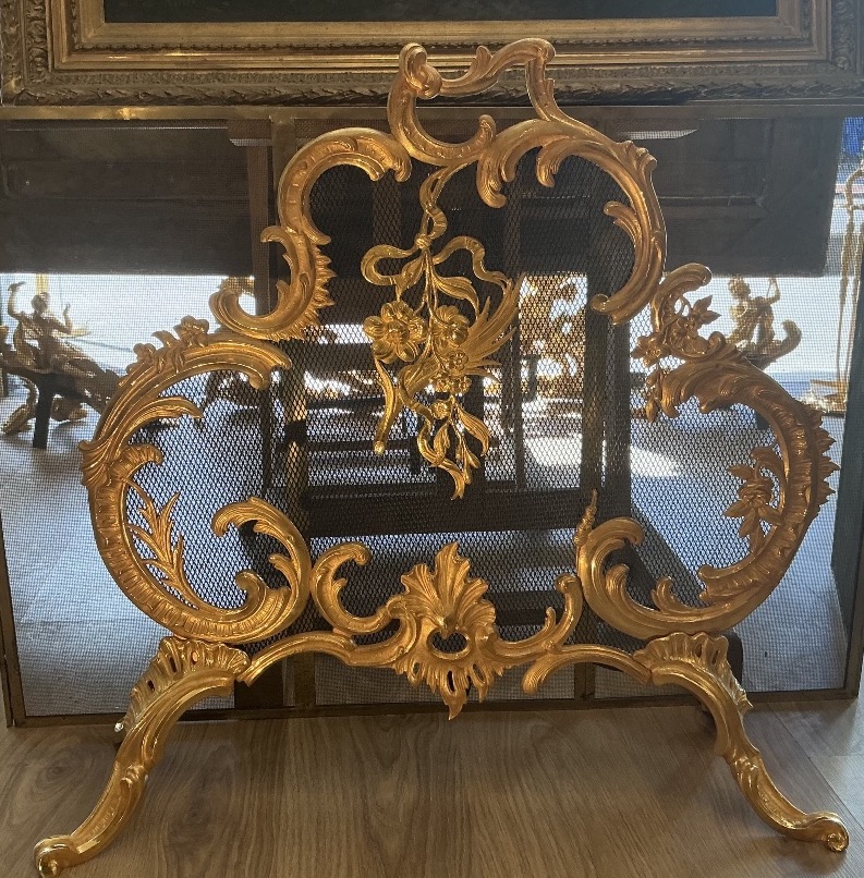 Écran pare feu de cheminée époque 19 eme siècle style Louis XV bronze doré 