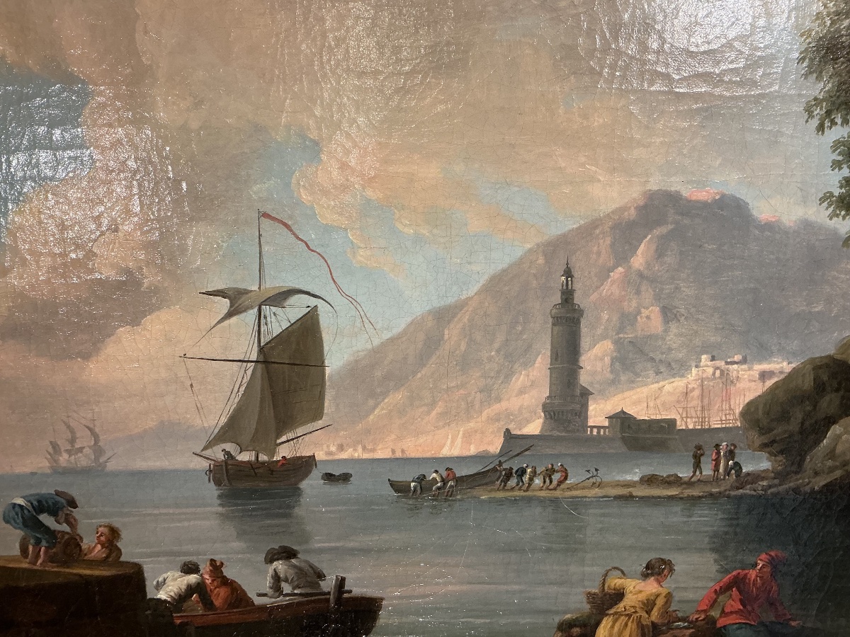 Tableau entourage  de Claude Joseph VERNET(1714-1789): vue du port de Genes ,Italie -photo-1