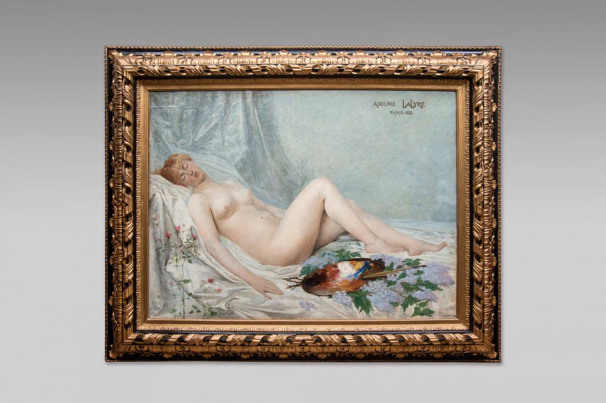 Adolf La Lyre  - "modèle Nu à La Palette" Huile Sur Toile 19e Siècle 