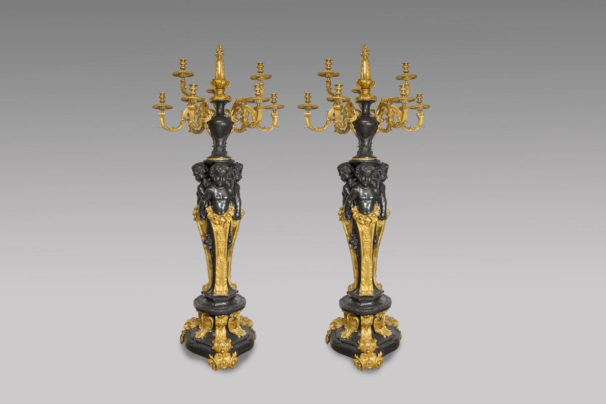 Pair Of Candelabra In Matte And Gilded Bronze - Napoleon III Style For Babies