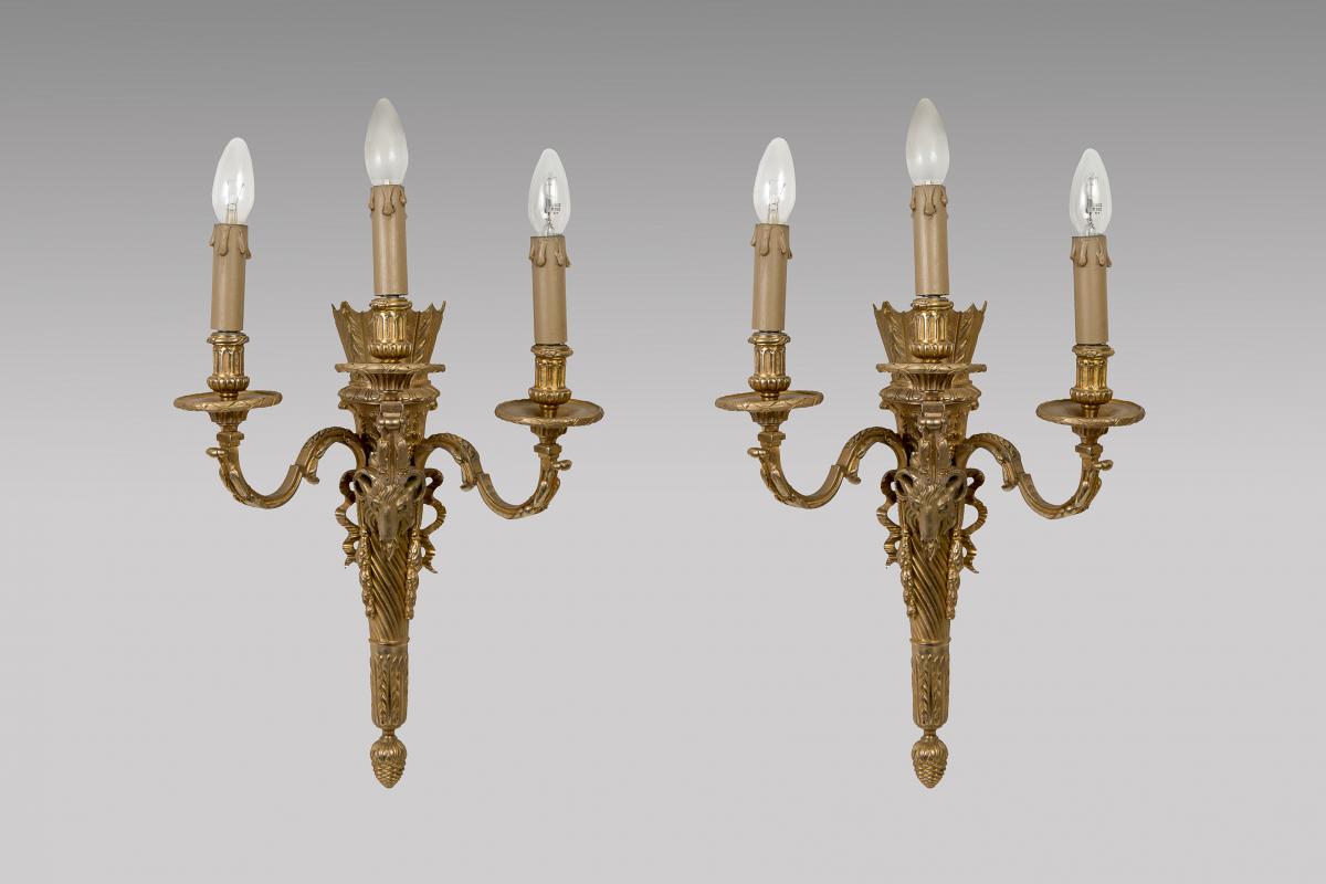 Gilt Bronze Wall Sconces Louis XVI Style Belier Head Decor