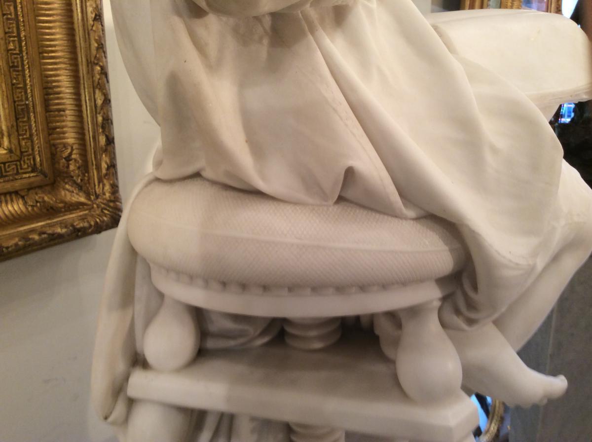 Sculpture En Marbre Blanc « la Jeune Brodeuse «  Signée Sur La Terrasse Ugo Zannoni (1836-1898)-photo-4