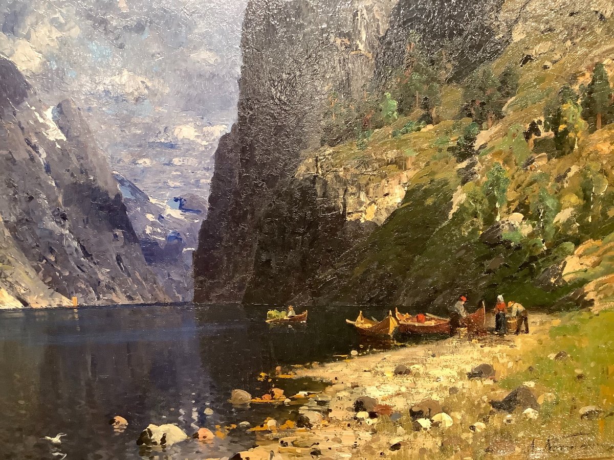 Norway Fjord Landscape Painting By Adelsteen Normann (1848-1910)-photo-2